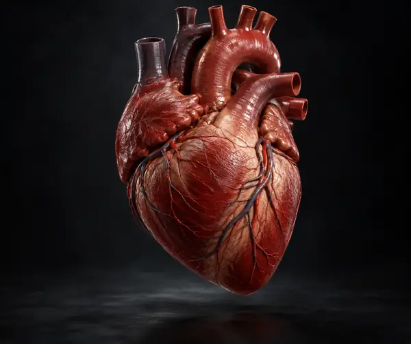 Corazón humano anatómico rojo y detallado flotando sobre un fondo oscuro, renderizado 3D educativo realista