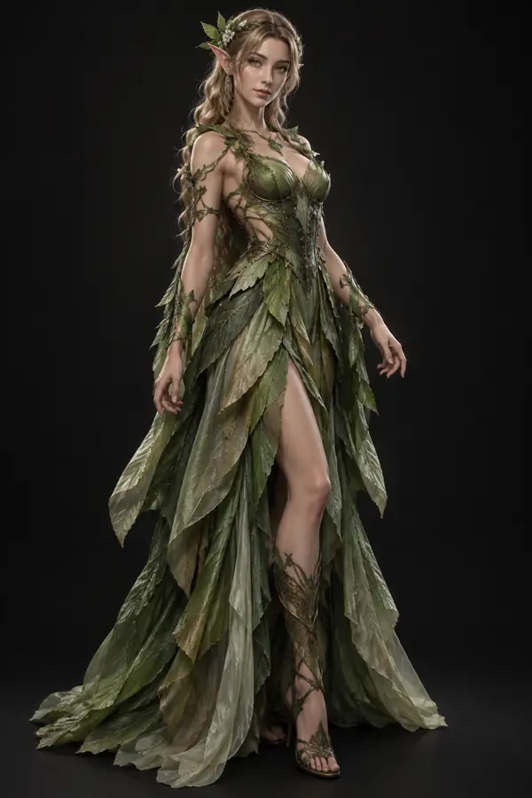 Elfa fantástica del bosque de cuerpo entero con un vaporoso vestido verde de hojas, renderizado de personaje 3D aislado sobre un fondo oscuro