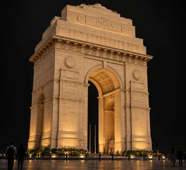 Monumento de la Puerta de la India de arenisca mostrado como un modelo arquitectónico 3D limpio sobre un fondo oscuro