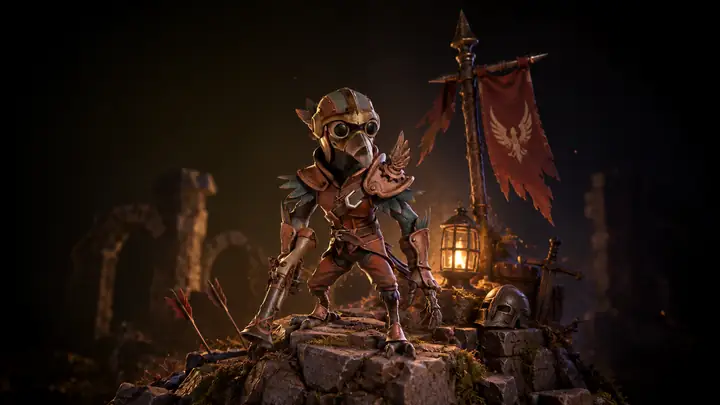 Gepanzerter Fantasy-Vogelcharakter in einer dramatischen 3D-Szene für die Spieleentwicklung