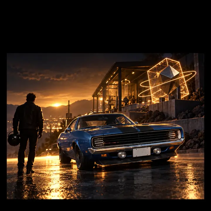 Coche deportivo azul en una escena cinematográfica, presentado como concepto de animación 3D