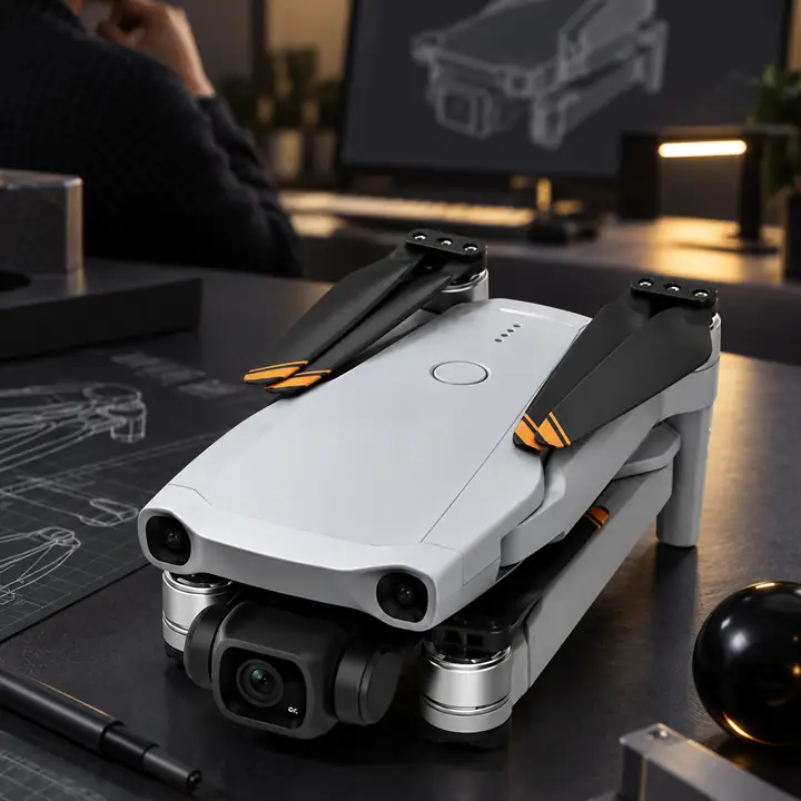 Dron plegable compacto mostrado como modelo detallado de diseño industrial