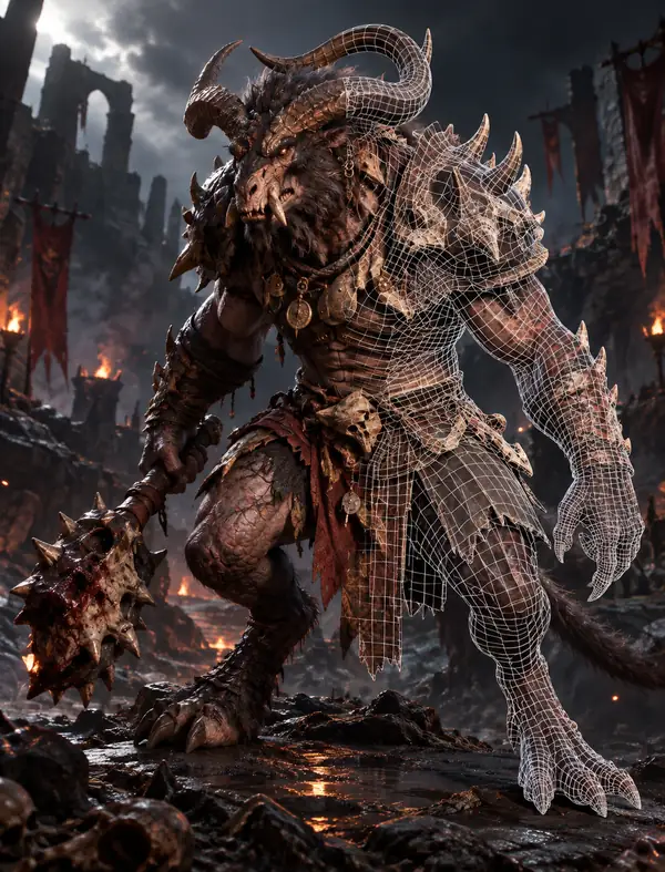 Detailliertes 3D-Modell eines Fantasy-Monsters, teilweise mit einem sauberen Drahtgitter dargestellt