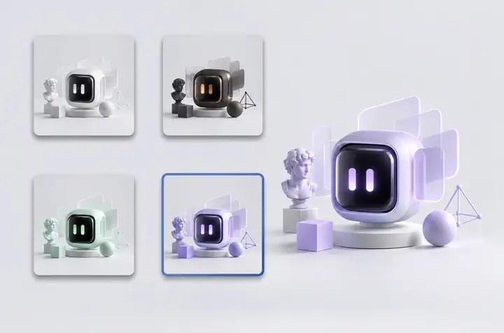 Ergonomischer Bürostuhl und Produktvarianten in einer 3D-Shop-Visualisierung präsentiert