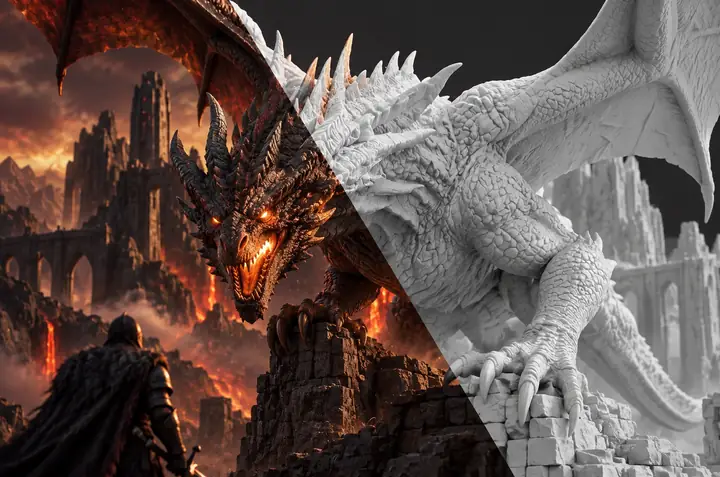 Fantasy-Drache als texturiertes Rendering und als weiße Tonskulptur dargestellt