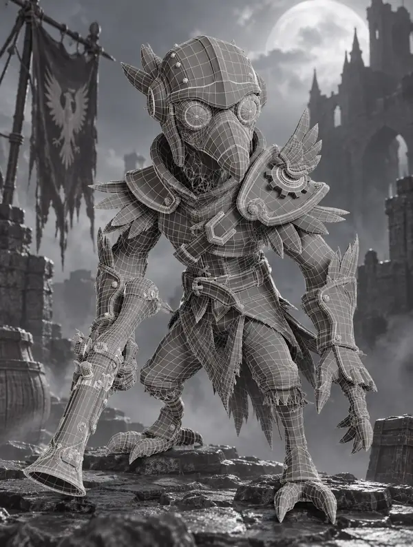 Fantasy-Spielfigur als Low-Poly-Drahtgittermodell dargestellt