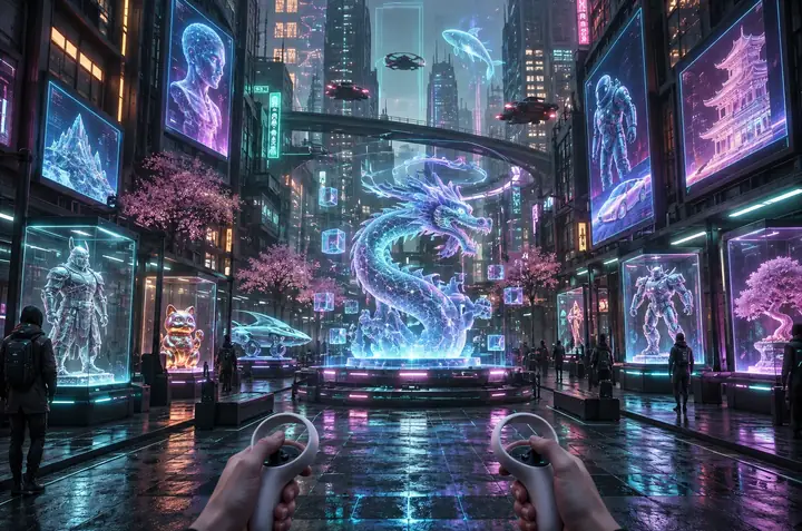 VR-Ego-Perspektive auf eine neonbeleuchtete Straße in einer Cyberpunk-Stadt