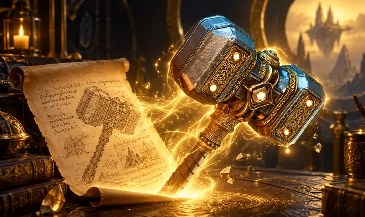 Verzierter Fantasy-Hammer, der aus einer schriftlichen Konzeptbeschreibung entsteht