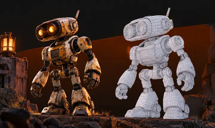 Stilisierter Roboter als 3D-Modell für einen Workflow mit einem saubereren Mesh dargestellt