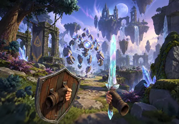 Escena de fantasía en realidad virtual con espada y escudo de cristal